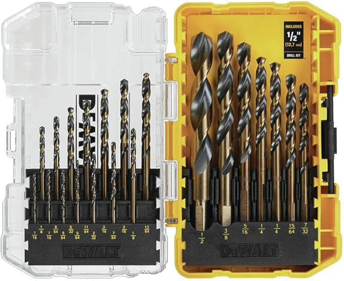 Drill Bit Set, 21 Pc High Speed Steel DEWALT Bits, Black and Gold Oxide Coated, 135 Degree Split Point, 31 Degree Helix (DWA1181)